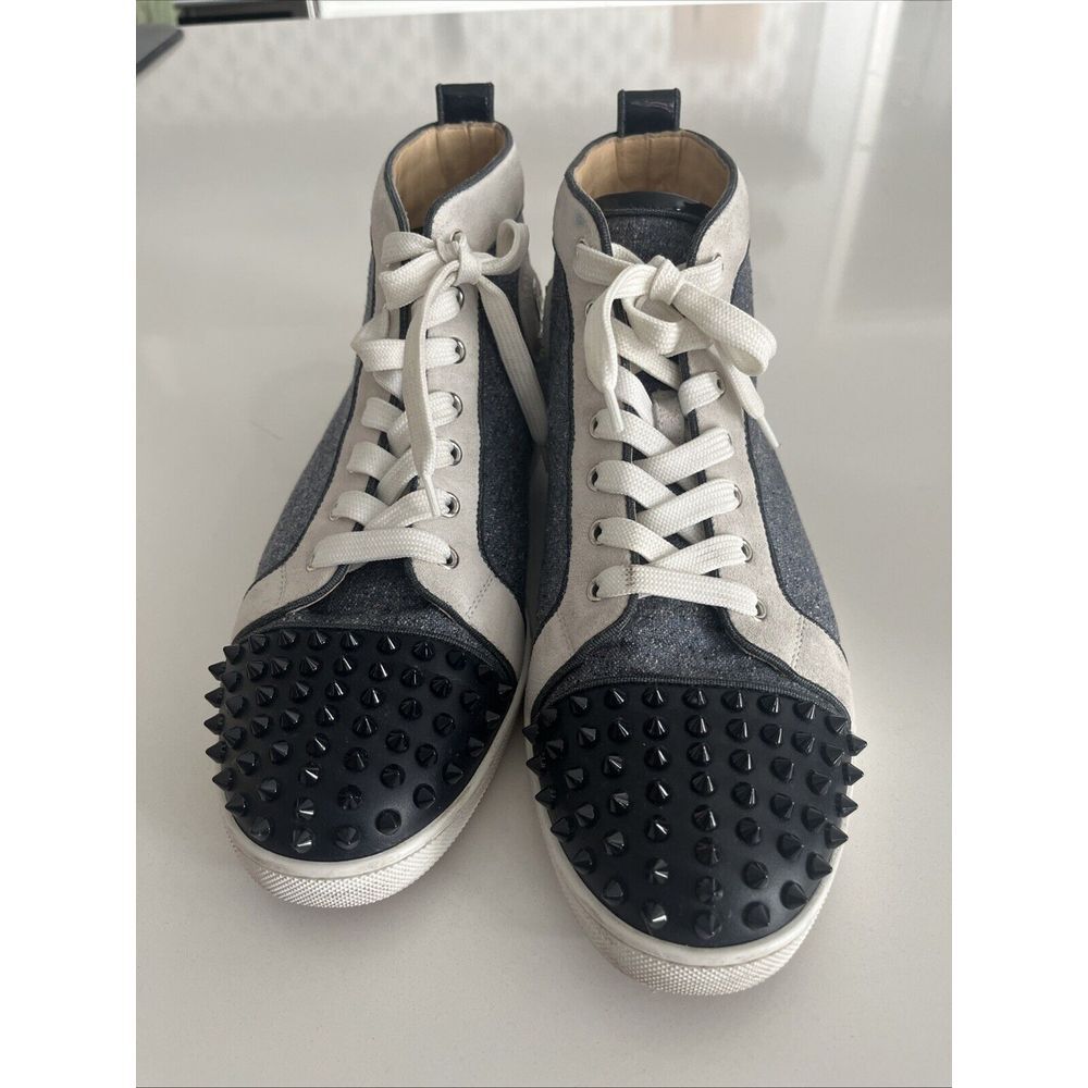 Christian Louboutin‎ Denim Black Leather Black Stud Spike Hi Top Sneakers 42 1/2